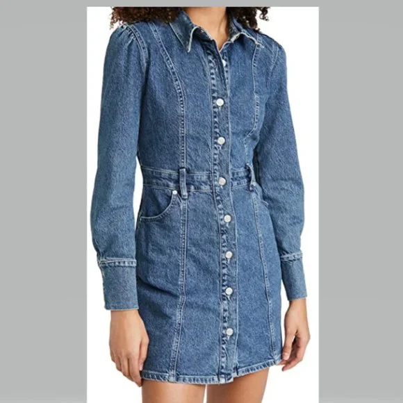 Boyish Emmett Puff Shoulder Denim Dress in Mirror Blue Size XL NWT - Picture 5 of 14